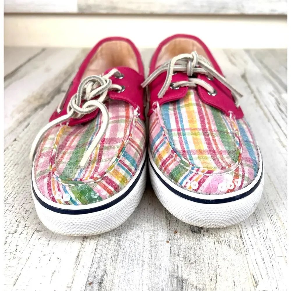 Sperry Womens 10 Pink Pastel Plaid Sequin Boat Shoes Coastal Chic